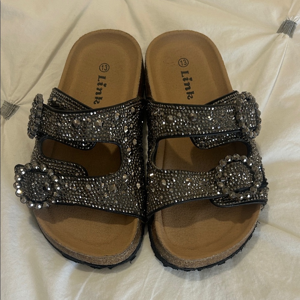 Girls Link Glittering Black Slide Sandals